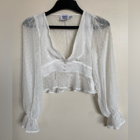 Princess Polly Sheer Romantic White crop top with Dots and puffy sleeves - Picture 2 of 9